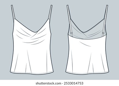 Halter Top ilustração de moda técnica. Strap Top moda plana modelo de desenho técnico, corte de polarização, vista frontal e traseira, branco, mulheres CAD mockup.