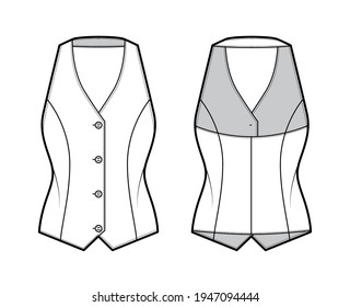 Halter vest pique waistcoat technical fashion illustration with backless, V-neckline, button-up closure, slim fit. Flat apparel template front, back, white color style. Women, men, unisex CAD mockup