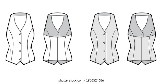 Halter vest pique waistcoat technical fashion illustration with backless, V-neckline, button-up closure, slim fit. Flat apparel template front, back, white, grey color style. Women, men top CAD mockup