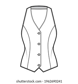 Halter vest pique waistcoat technical fashion illustration with backless, V-neckline, button-up closure, slim fit. Flat apparel template front, white color style. Women, men, unisex top CAD mockup