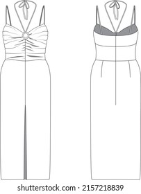 halterneck straps midi night dress vector cad technical drawing