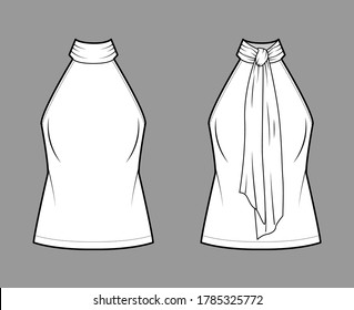 Halterneck top technical fashion illustration with semi-fitted body, ties pussy-bow at neck, sleeveless. Flat blouse apparel template front, back, white color. Women, men unisex shirt CAD mockup