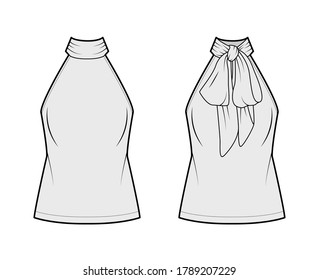 Halterneck top technical fashion illustration with semi-fitted body, ties pussy-bow at neck, sleeveless. Flat blouse apparel template front, back, grey color. Women, men unisex shirt CAD mockup