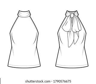 Halterneck top technical fashion illustration with semi-fitted body, ties pussy-bow at neck, sleeveless. Flat blouse apparel template front, back, white color. Women, men unisex shirt CAD mockup