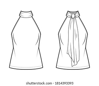 Halterneck top technical fashion illustration with semi-fitted body, ties pussy-bow at neck, sleeveless. Flat blouse apparel template front, back, white color. Women, men unisex shirt CAD mockup