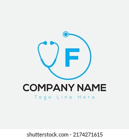 Halthcare Logo On Letter F Template. Medical On F Letter, Initial Doctor Sign Concept, Stethoscope logo icon 