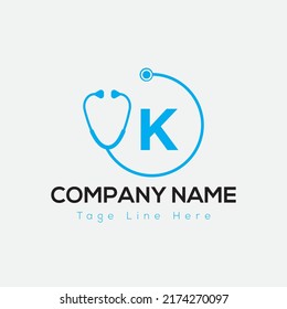 Halthcare Logo On Letter K Template. Medical On K Letter, Initial Doctor Sign Concept, Stethoscope logo icon 