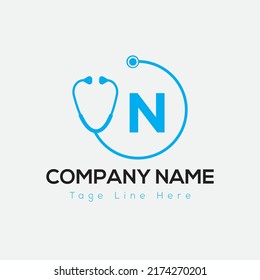 Halthcare Logo On Letter N Template. Medical On N Letter, Initial Doctor Sign Concept, Stethoscope logo icon 