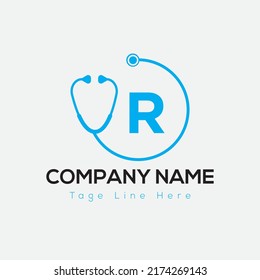 Halthcare Logo On Letter R Template. Medical On R Letter, Initial Doctor Sign Concept, Stethoscope logo icon 