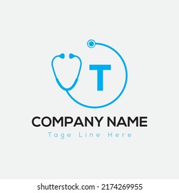 Halthcare Logo On Letter T Template. Medical On T Letter, Initial Doctor Sign Concept, Stethoscope logo icon 