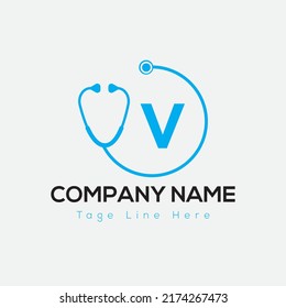 Halthcare Logo On Letter V Template. Medical On V Letter, Initial Doctor Sign Concept, Stethoscope logo icon 