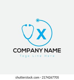 Halthcare Logo On Letter X Template. Medical On X Letter, Initial Doctor Sign Concept, Stethoscope logo icon 