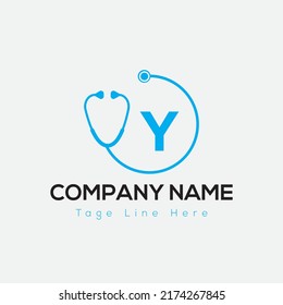 Halthcare Logo On Letter Y Template. Medical On Y Letter, Initial Doctor Sign Concept, Stethoscope logo icon 
