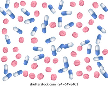 Halthcare pills medical vector illustration. Capsule drugs and tablets disease prescription elements. Blue white and pink pills, first aid treatment or vitamins. Therapy cure drugs.