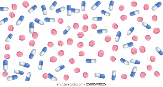 Halthcare pills medical vector illustration. Capsule drugs and tablets illness prescription elements. Blue white and pink pills, emergency treatment or vitamins. Therapy cure drugs.