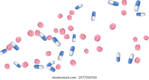 Halthcare pills medical vector illustration. Capsule drugs and tablets disease prescription elements. Blue white and pink pills, first aid treatment or vitamins. Medication drugs.