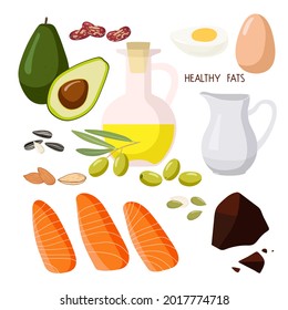 Halthy fats food. High fat food isolated on white. Olive oil and olives, avocado, fish and nuts., cream and chocolate. Organic health care products. Healthy nutrition product. Illustration flat style.