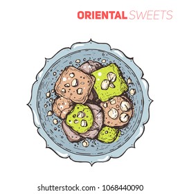 Halva on the plate vector illustration. Top view. Isolated on white.