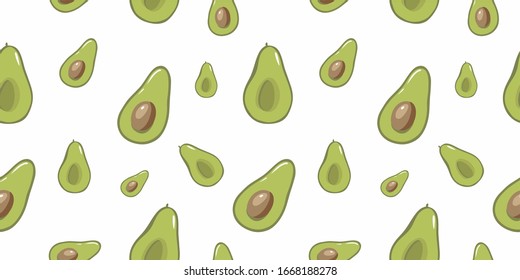 Halved avocado with bone and without, geometric seamless pattern on a white background. For printing on textiles and kitchen products, wallpapers, on t-shirts. Vector illustration