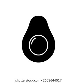 A halved avocado with a pit, shown as a solid black silhouette icon. A simple graphic for healthy food, vegan diets, or restaurants.
