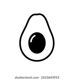 A halved avocado with a pit in a simple, minimalist outline drawing. A clean line art icon for healthy eating, vegan food, or menus.