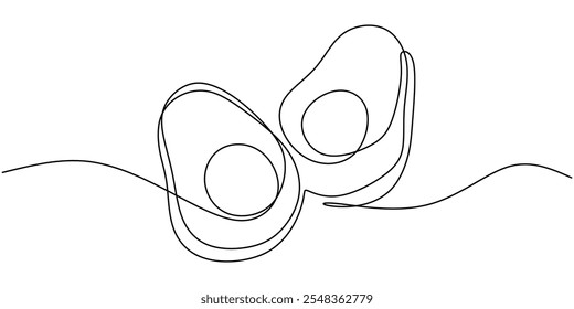 A halved avocado with a seed in the center, drawn in a continuous one line style. Minimalist vector illustration for food themes.