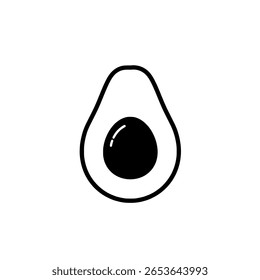 A halved avocado with a small pit in a simple outline style. A minimalist line art icon for healthy food and vegetarian recipes.