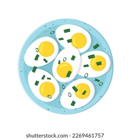 halved of boiled eggs with chives on a plate - vector illustration svg