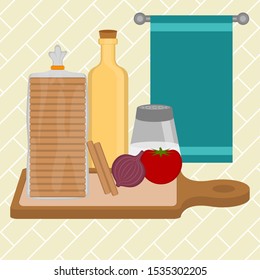 Halved bread with vegetable , oil, salt over a cutting board. Food preparation - Vector illustration