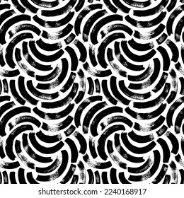 Halved circles seamless pattern. Brush drawn curved lines. Abstract organic shapes ornament. Bold curved brush strokes vector pattern. Modern geometric design. Black and white round stripes.