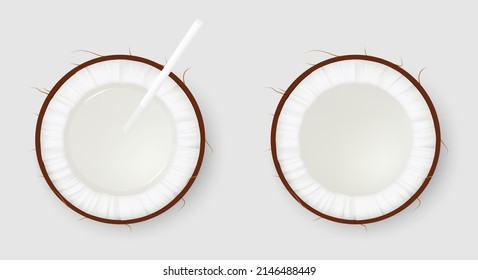 Halved coconut fruit, cocktail with water and white drinking straw inside isolated on gray background. Realistic vector illustration. Top view.