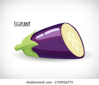 Halved eggplant in flat style. Vegetable organic eco bio farm product. Lettering Eggplant. Fresh raw vegetable hand drawn image. Element for culinary design. Vector illustration on white background.