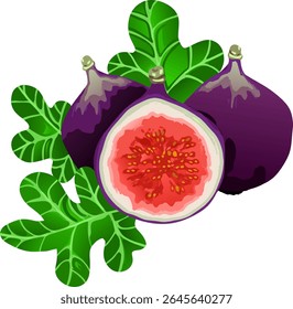 Halved figs with  inner texture and small grains, complemented by green leaves—perfect for gourmet, botanical, or organic-themed visuals