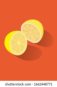 Halved lemon in perspective, from different angles on a red background with shadows
