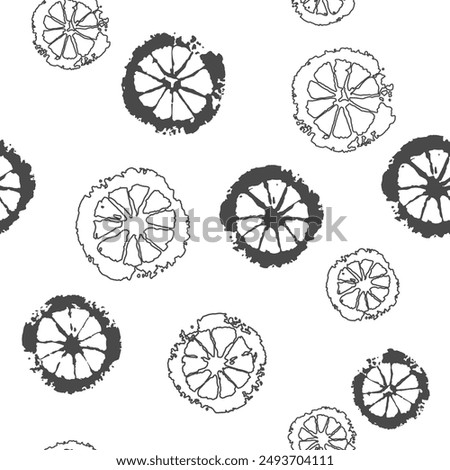 Halved lemons. Black and white seamless pattern. Classic design with prints of lemon lobules. Template of design for fabric, wallpaper, wrapping paper, linens. Vector isolated on white background
