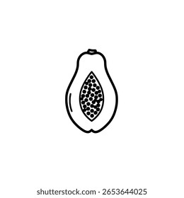 Una papaya a la mitad con semillas, mostrada en un simple dibujo de contorno. Un ícono minimalista de una fruta tropical para menús de comida saludable y marca.