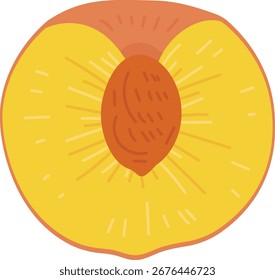 A halved peach with a visible pit in a flat, clean style. The fruit is depicted with detailed lines and smooth shading. Cartoon vector illustration.