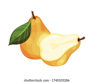 Halved Pear with Green Fibrous Leaf Showing Sweet Flesh Vector Illustration