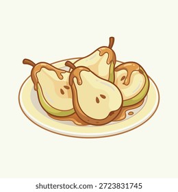 Peras cortadas a la mitad rociadas con salsa de caramelo, servidas en un plato blanco, un delicioso dulce.