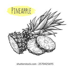 Halved pineapple and slices. Ink sketch of fruit. Hand drawn vector illustration. Retro style.