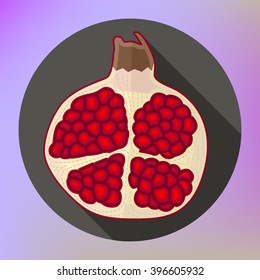 Halved pomegranate icon with long shadow. Garnet flat design icon. Pomegranate fruit cut in half with red seeds. Pomegranate fruit vector illustration. Sweet fresh red garnet. 