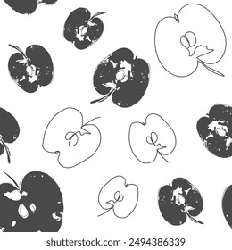 Äpfelhälften und handgezeichnete Linien. Nahtloses Muster für einfarbige Früchte. Vektorillustration der handgezeichneten Linie. Modernes Design für Stoff, Bildschirmhintergrund, Textil, Etiketten.