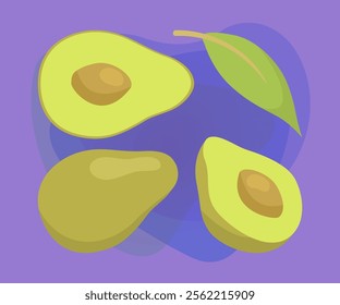 Halves of avocado with big seed vector illustrations set. Collection of cartoon drawings of whole and cut green vegetable, leaf on abstract background. Food, vegetables, diet, nutrition concept