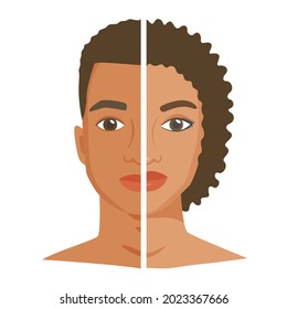 Halves Of Black Woman And Man Face. Similarity And Difference Between Men And Women. Male Vs Female Opposition Or Social Bias. Can Be Identity Searching Or Change Gender Concept. Flat Style Vector