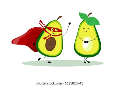 halves of cartoon cute avocados on white background. Masked superhero and cloak in front of embarrassed girl. Valentine's Day. Healthy lifestyle, vegetarianism