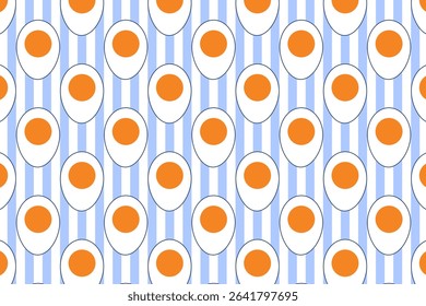 Halves of eggs seamless pattern on blue striped background. Healthy food with protein