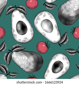 Halves of fresh avocado and red tomato. Seamless pattern background with vegetables. Vintage color engraving stylized drawing. Vector illustration.