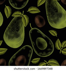 Halves of fresh avocado. Seamless pattern background with fresh avocado. Vintage color engraving stylized drawing. Vector illustration.