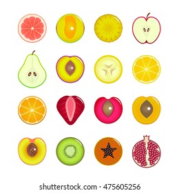 Halves Of Fruit Set. Can Be Used for Menu Restaurants. Flat Design Style fruits half. Vector illustration of Slices: apple, orange, peach, lemon, kiwi, pomegranate, grapefruit, passion fruit, lime.