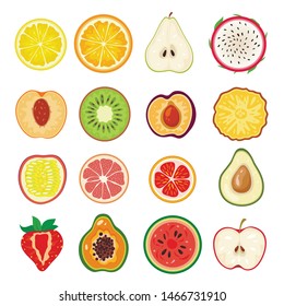 La mitad de la fruta, segmento dulce sano. Verdes vegetarianos. Dibujo de frutas de dibujos animados de estilo plano vectorial aislado en fondo blanco